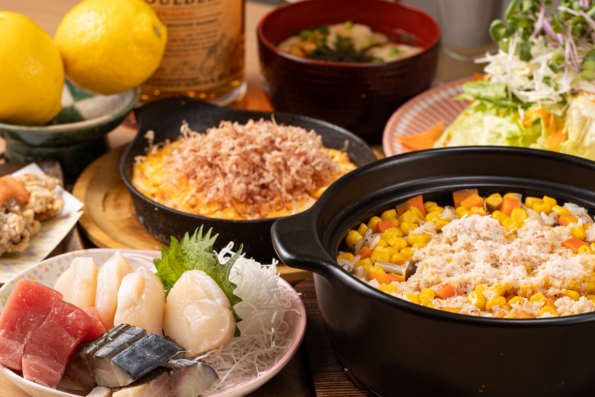 【生ビール付き2時間飲み放題】鉄板だし巻きたまごや本日の土鍋ご飯など全6品